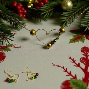 Festive Gold Heart Necklace and Earring Set